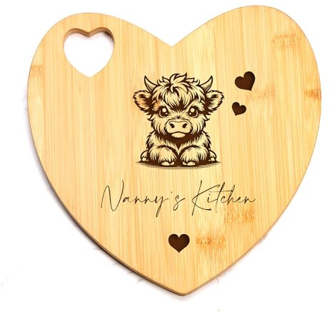 Personalised Heart Bamboo Chopping Board, with Highland Cow