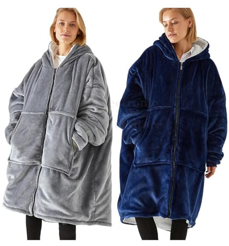 JMORCO Decke Mit ärmeln Tragbare Hoodie-Decke, übergroßes Decken-Sweatshirt for Erwachsene, Damen und Herren, Decken-Sweatshirt mit Ärmeltasche und Reißverschluss(Light Grey)