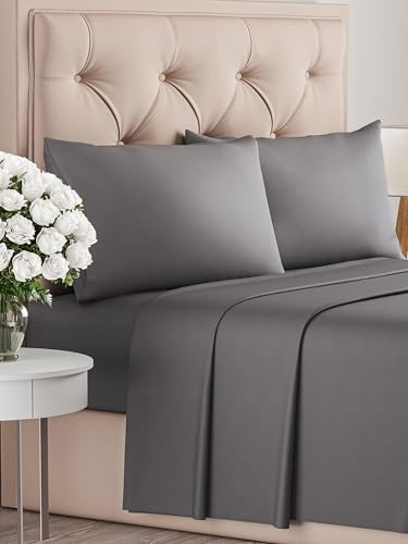Ensemble de draps 4 pièces Gris foncé - Drap plat, drap-housse 180x200, 2 taies 50x80 - Très doux, infroissable et très durable - Pour matelas jusqu'à 35 cm - Microfibre polyester, certifié OEKO-TEX