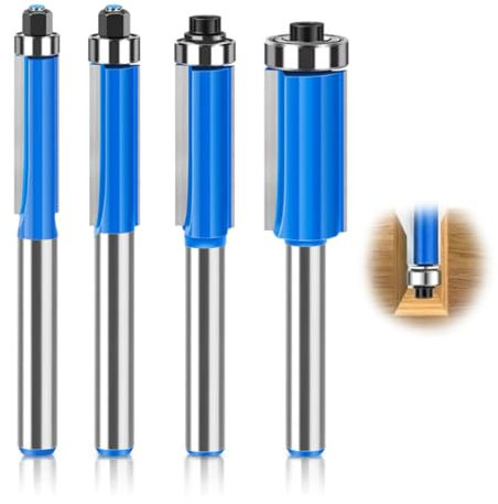 4 fresas de 8 mm, mango de 8 mm, fresadoras a ras con rodamientos, fresadoras a rasas, juego de fresas de doble cara con rodamientos, fresa de enrasado, adecuado para recortar y cortar madera en
