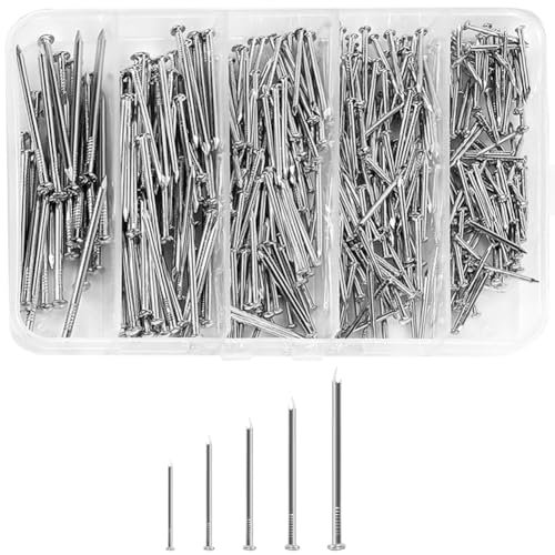 400 Stück Nägel Set, verzinkte Betonnägel zum Aufhängen von Bildern, Rundkopf Betonnägel, 5 Größen Stahl-Bildernägel Set, Holznägeln und Wandnägeln für Trockenbau, Kiefer
