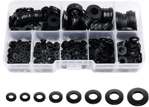 Ginddy Unterlegscheiben,500 Pcs Unterlegscheiben Schwarz Nylon Distanzhülsen 8 Größen Flach Unterlegscheiben mit Antirutschfunktion Fitschenringe Zimmertüren mit M2 M2.5 M3 M4 M5 M6 M8 M10(Schwarz)
