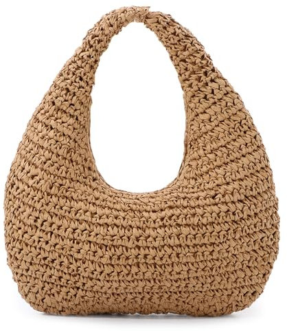 Fecialy Straw Bag for Women Crescent Shoulder Handbag Straw Summer Beach Tote Handbag Raffia Woven Hobo Bag