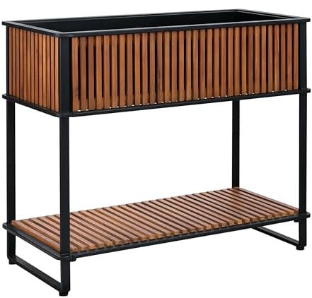 Dehner Balkonhochbeet Boston, Hochbeet für Kräuter/Gemüse/Blumen, rückenschonende Arbeitshöhe, Maße: ca. 115 x 93 x 50 cm / 102 x 28 x 40 cm, FSC®-zertifiziertem Akazienholz, schwarz/braun