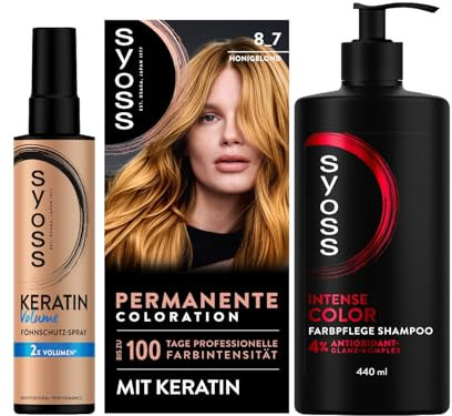 SYOSS Coloration 8_7 Honigblond (115 ml), 100% Grauabdeckung & Volumen Föhnschutz-Spray (200 ml), Hitzeschutz bis zu 230 °C, mit Keratin & Gliss Shampoo Colour Perfector (250 ml)