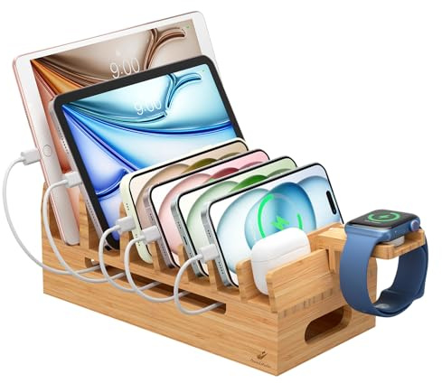 Pezin & Hulin Bamboo Charging Station with Watch Stand-Natural Bamboo | Docking Holder for Multi Device, Desktop Dock Stations Electronic Organizer for CellPhone, Tablet, Watch-No Charger Power