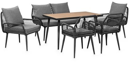 Swing&Harmonie® Gartenmöbel Lounge-Set „Sienna“ – Sitzgruppe mit Tisch, Sofa, Sesseln & Stühlen – wetterfest – Seilgeflecht – WPC-Tischplatte – Outdoor Essgruppe (anthrazit/Holz, 6 Personen XL)