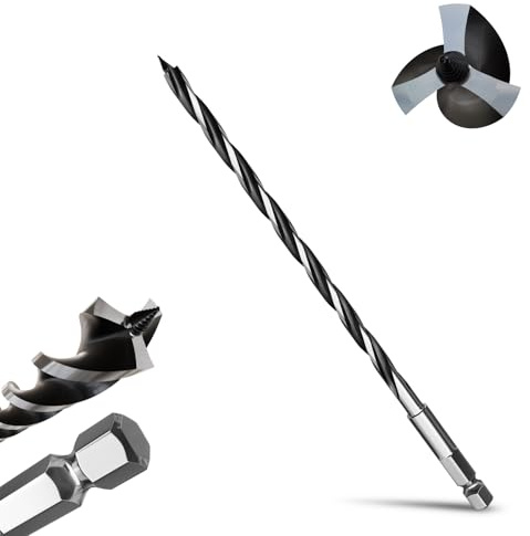METOTY 10mmx300mm Auger Drill Bit Extra Long Drill Bits，12mm Hex Shank for Wood with Quick Change - 3-Cutter Design with Dual-Flute for Fast Chip Removal, Fits Hardwood, Softwood, PVC, Drywall
