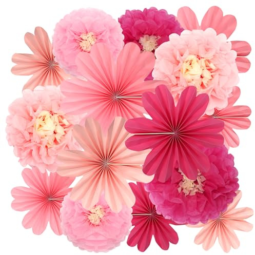 Paper Flowers Decorations, Kaluofan 12 PCS Paper Pom Poms Decorations and Hanging Fans Set, Pompoms Flower Party Decorations for Wedding Festival Carnival Mexican Party