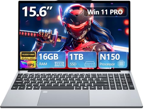 DIAKUOE Ordinateur Portable 15.6 Pouces, Processeur N150(jusqu'à 3,6 GHz),16Go DDR4 1To SSD, PC Portable Win 11 Écran IPS FHD, Laptop Clavier Rétroéclairé, Empreinte Digitale,Webcam, USB3.0, HDMI