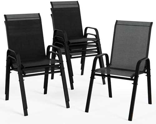 RTDTD Stapelbare Garten-Esszimmerstühle mit Armlehnen, Textilene Freizeitstühle für Terrasse, Balkon und Hinterhof, robust & pflegeleicht(6-teiliges Set,schwarz)