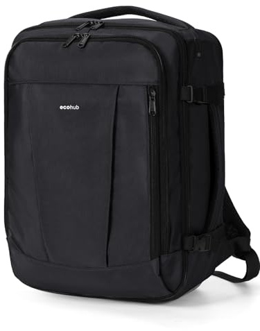 ECOHUB Ryanair Cabin Bags 40x30x20, Underseat Travel Bag with 9 Pockets, Recycled PET Eco Friendly Hand Luggage Backpack, Lightweight Rucksack for Women & Men, Carry on Bag with USB Port, 20L, Black