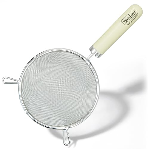 Zenker Medium 14cm Stainless Steel Sieve with Rounded Plastic Handle | Fine Mesh for Sifting Flour, Cocoa Powder, Straining Vegetables Rice and Pasta, Dishwasher Safe, Cream, 27.5x14.4x5cm