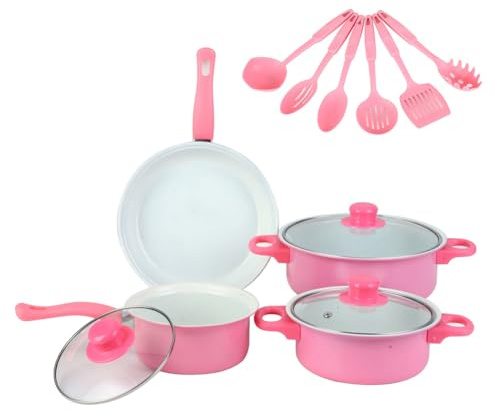 HTU 12Pcs Non Stick Cookware Set Cooking Pot Set with Lid for All Hob (Pink)