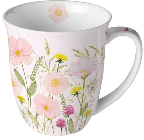 Ambiente Taza de porcelana con diseño de flores pastel, porcelana de hueso, diseño de flores rosas, 400 ml, 10 cm de diámetro, para té o café, flores pastel, rosa