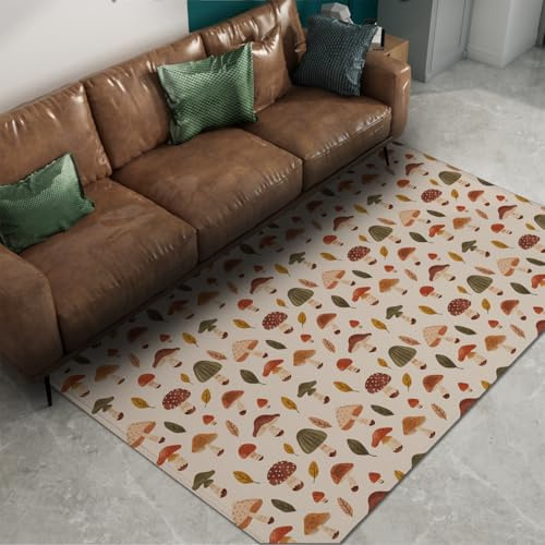 Via Vela Cottagecore Teppich 180x300cm Wohnzimmerteppich mit Pilzblattmuster Rutschfester Teppiche Schlafzimmer niedrigem Flor Vorleger großes Bodenteppich Waldästhetik Wohndeko Kunstdesign dünner