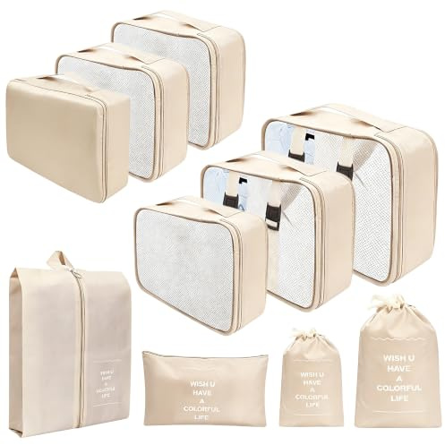 10 Stück Koffer Organizer Set, wasserdichte Packing Cubes, Packwürfel für Reisen und Urlaub, Schuhsack und Kosmetiktaschen, Suitcase Organizer inklusive Kleidersack, Packtaschen für Koffer (Khaki)
