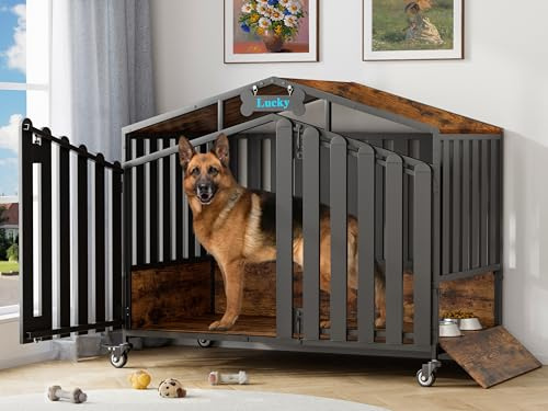 AMLANCHER 122cm XXL Große Hundekäfig Möbel, mit 360° Rollen und Namensschild, Holz Hundebox für Zuhause mit Futterklappe, 2 Türen, Dicke Stahlplatten, Kau-/Ausbruchsicher, 122x72x79cm, Braun