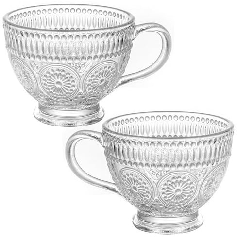 Teacup, 2 Pack Vintage Glass Coffee Mugs, Large Teacups with Handle, Embossed Sunflower Design, 14oz High Borosilicate Transparent Cups