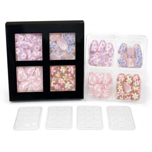 96 PCS Fake Nails, Plastic Press on Nails Short with 4 Floral Patterns, Glossy Full Cover False Nail with 4 Sheets Jelly Glue, Cute Stick on Nail for Kids Girls Teenagers Women