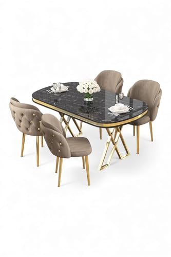 Hanah Home Elegantes 5-teiliges Esszimmer-Set mit Tisch und Stühlen, schwarzer Marmor und Gold, 100% lackierte Oberfläche, modernes Design, perfekt für Esszimmer