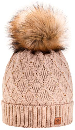 morefaz Wurm Winter Strickmütze Mütze Damen Kristalle Kiesel mit Große Bomme Pompon l SKI (Beige) (MFAZ Ltd)
