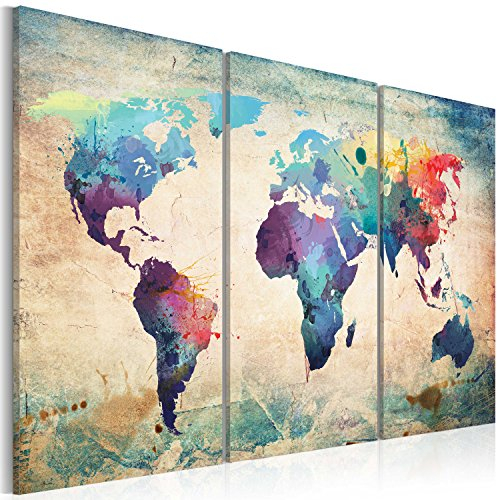 Kunstdruck auf Leinwand, Triptychon / 3-teiliges Gemälde, Motiv: Weltkarte, 020113-47 + 60 x 40 cm, 90x60 cm Tableau liege