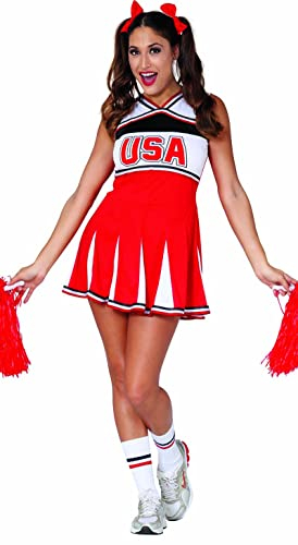 FIESTAS GUIRCA Superstar Cheerleader Kostüm Damen - Größe S 36 – 38 - Rotes Cheerleader Outfit Fastnacht, USA High School Mädchen Kostüm, Fasching Kostüme für Erwachsene, Cheerleader Kleid Outfit