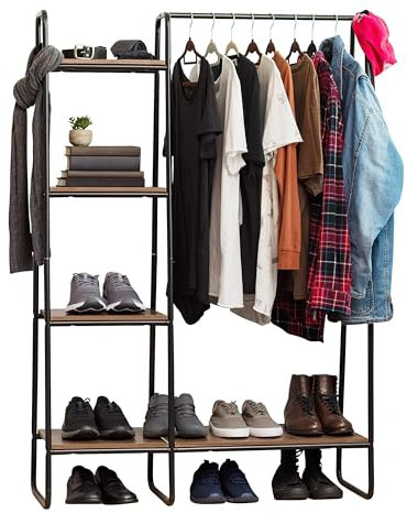 IRIS USA Kleiderständer zum Aufhängen von Kleidung mit 4 Holzregalen, freistehender Kleiderständer, einfach zu montierender Kleiderständer, Metall, stabiles Design, Mehrzweck, kleine