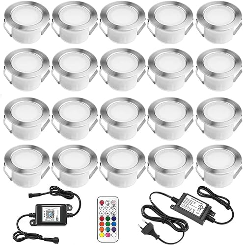 20er LED Bodeneinbauleuchten Aussen WIFI Ø45mm RGBW(RGB+Warmes Weiß) LED Terrasse Einbaustrahler Bodeneinbaustrahler DC12V IP67 Wasserdicht Einbauspots Kit Arbeitet mit Alexa,Google Home