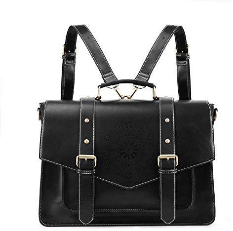 ECOSUSI Sac Cartable Vintage Femme Sac à Dos pour Ordinateur Portable 15,6 Pouces Sacs Bandoulière Sac à Main Malette Bureau, Bandoulière Démontable, Noir, L