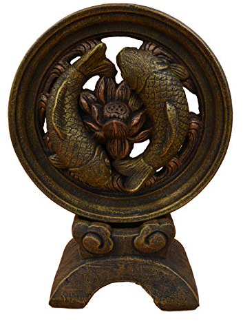 gartendekoparadies.de Massive Koi Fisch Skulptur Yin Yang, Steinfigur, Höhe 54 cm, Ø 39 cm, 2-teilig, 18 kg, aus Steinguss frostsicher für Außenbereich (Gold)