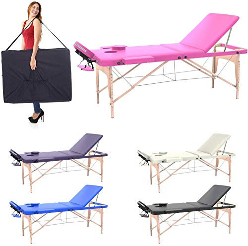 LETTINO MASSAGGIO PROFESSIONALE 3 ZONE,LETTINO ESTETISTA IN LEGNO DIMENSIONE XL 180 X 56 CM - LETTINI PER DA MASSAGGI PORTATILI PIEGHEVOLI (ROSA)