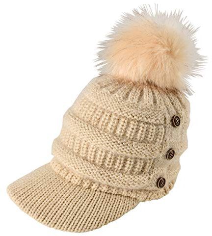 ACVIP Wintermütze Damen Gestrickte Schirmmütze mit Schild Strickmütze Bommelmütze(Beige)