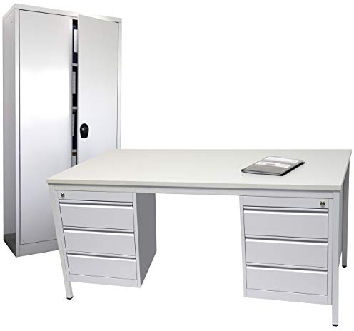 Szagato Schreibtisch 160cm Set +2xUnterbauschrank + Stahlschrank 180cm grau