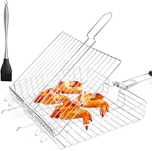 Stainless Steel BBQ Grill Basket with Detachable Wooden Handle,Portable Grilling Basket for Fish, Vegetable, Steak, Meat, Shrimp Chops,Come with Carry Bag
