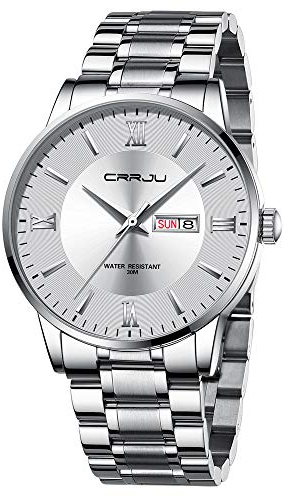 CRRJU Armbanduhr Herren Edelstahl Band Männer Uhr Analog wasserdichte Business Schwarz Stoppuhr Klassische Quarzuhr mit Kalender (Silber Silber)
