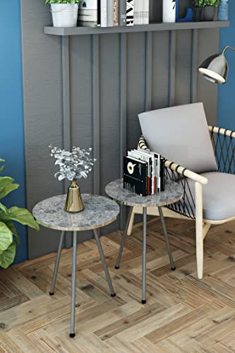 SUNRISE HOME DECOR Beistelltisch in Marmoroptik, Holz, rund, für kleine Räume, Nachttisch, Nachttisch, ohne Werkzeug Montage (grauer Marmor/Silber), 2 Stück