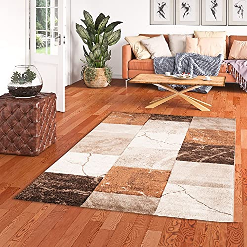 Pergamon Kurzflor Wohnzimmer Designer Teppich Maui Marmor Optik Karamell Braun in 5 Größen