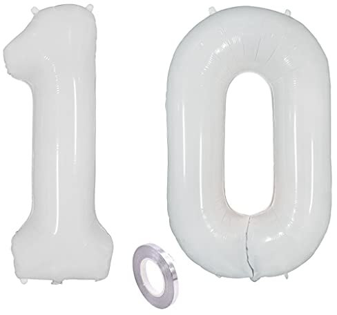Weiß Luftballons Zahl 10. Geburtstag deko Mädchen Junge,Zahlen Ballon 10 Geburtstag deko, 40 Zoll Heliumballon 10 jahre Geburtstagsdeko Mädchen Junge Aufblasbar Helium Folienballon 10 Weiß（10）