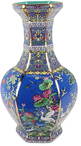Fine Asianliving Chinesische Vase Porzellan Blumen Vögel Blau D19xH32cm China Dekorative Blumenvase Orientalische