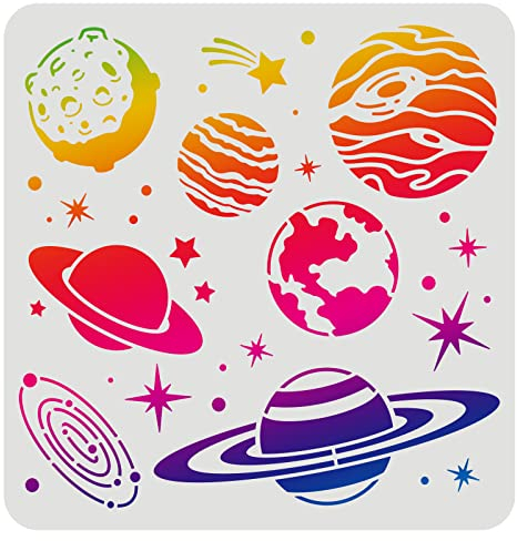 FINGERINSPIRE Planeten Galaxie Zeichnungsschablonen Vorlagen 30x30cm Kunststoff Planeten Schablonen Dekoration quadratische Stern Schablonen zum Malen auf Holz, Boden, Wand und Stoff