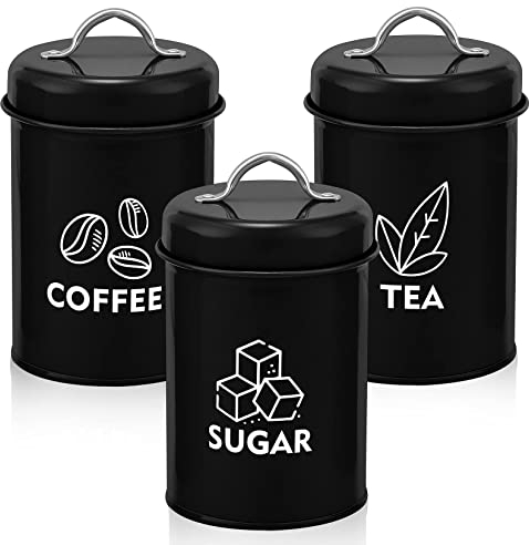 Onader Black Tea Coffee Sugar Canisters, Metal Storage Containers Jars with Lids for Food, Biscuit, Flour, Cakes, Spice or Beans, Vintage Retro Design Perfect for Kitchen Farmhouse Décor, Set of 3