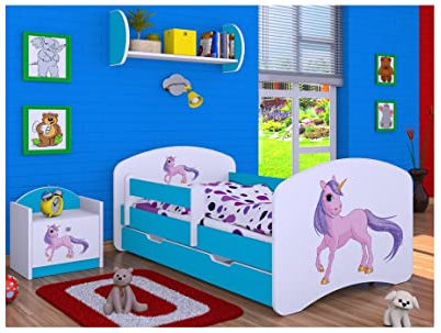 BDW Kinderbett mit Matratze und Bettkasten - NEU, 140/160/180/190 Verschiedene Motive Für Junge Einhorn (Blau, 140x70)