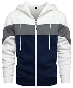 Mens Hoodie Zip up Hoodies Color Block Hooded Sweatshirt Long Sleeve Patchwork Tops with Pockets White L