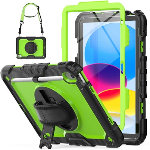 SEYMCY for iPad 10th Generation Case 10.9 inch 2022, Full-body Shockproof with Screen Protector, 360° Rotating Stand & Hand Strap, Carrying Strap, Pencil Holder, for iPad 10 Cover, Green