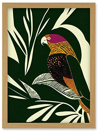 Wee Blue Coo Green Orange Pink Cream Modern Vintage Tropical Plant Leaves with Bird Artwork Framed Wall Art Print A4