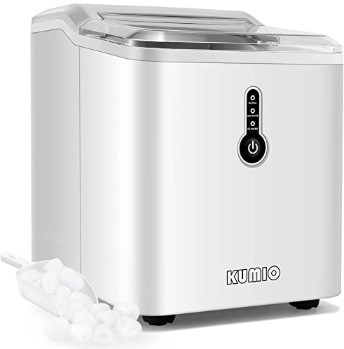 KUMIO Eiswürfelmaschine mit 1,5L Wassertank, 12kg in 24h, 9 Dicke Eiswürfel in 6-9 Minuten, Eiswürfelbereiter für Home Office Party, Eisschaufel & Korb, Keine Sanitär Erforderlich, Weiß