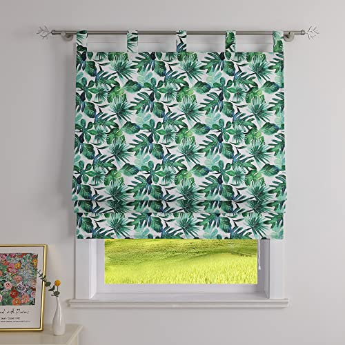 CORLIF Raffrollo mit Schlaufen Raffgardine Blickdicht Schlaufenrollo Küche Rollos Modern mit Blätter Muster Kurze Gardine Hawaiianischer Stil B/H 120/140 cm Grün