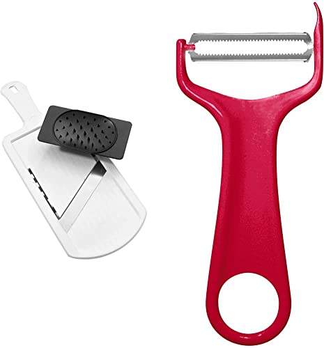 Fackelmann Set incluye, 1 Mandolina de Cocina profesional ajustable para cortar verduras con Protector de Dedos y 1 Pelador de Tomates, Verdura y Fruta, Hoja Afilada Forma de Sierra